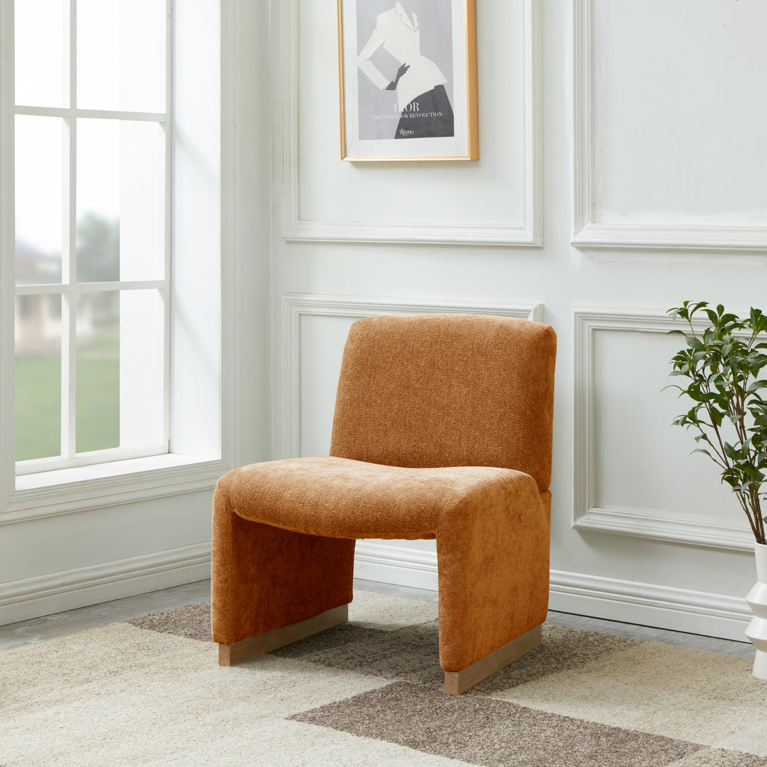 Comfy Accent Chair, Upholstered Slipper Chair, Armless Chair With Wood Legs And Soft Fabric For Living Room, Bedroom, Orange Orange Foam Wood Fabric