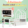 Twin Size House Bed With Ladder And Storage Drawers For Kid Bedroom,Solid Wood Platfrom Bedframe With 2 Blackboard Design, No Box Spring Needed, White Twin White Partice Board Mdf Pine Wood