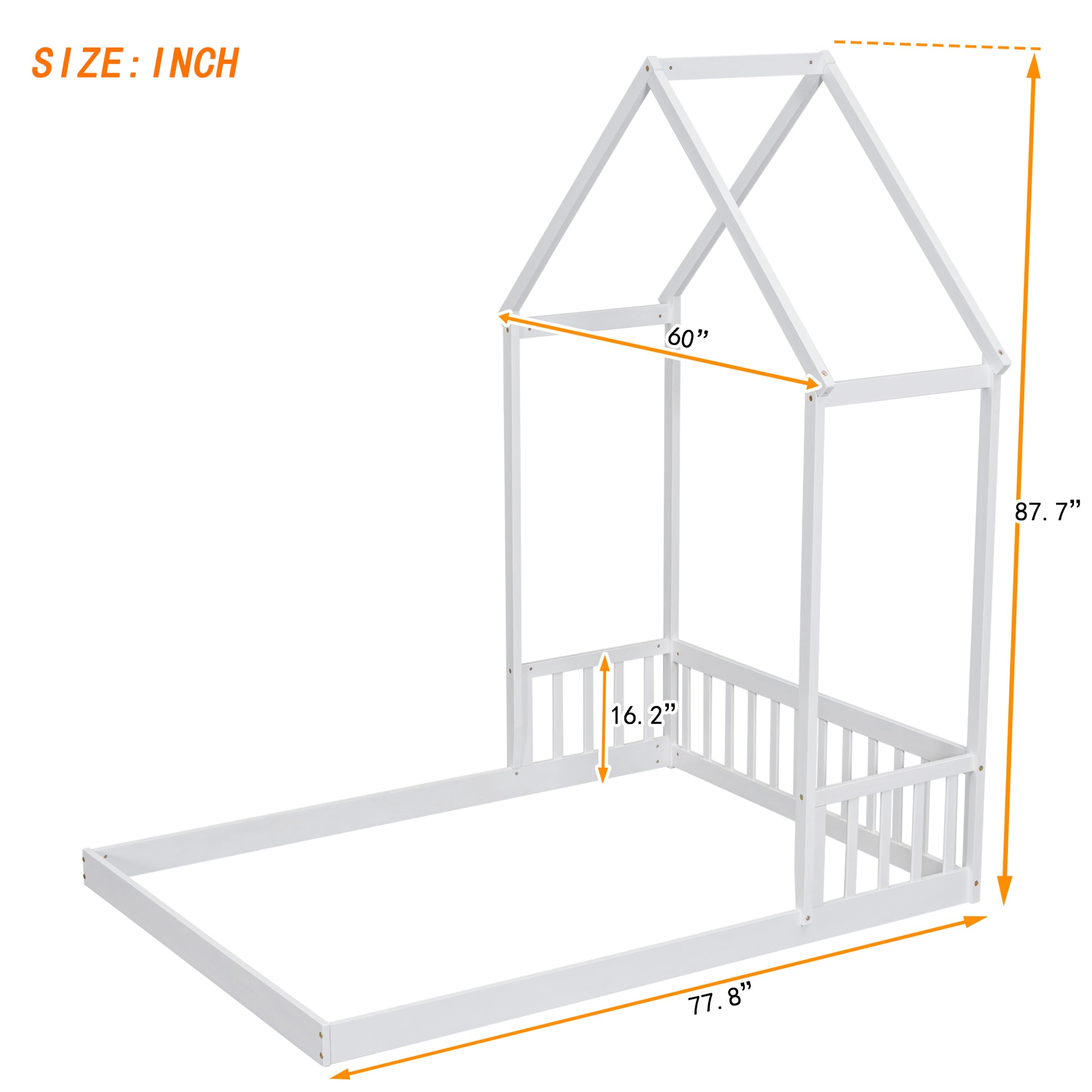 Full Roof Framed Headboard Floor Bed With Headboard Guardrails, Without Slats White Full White American Design Pine