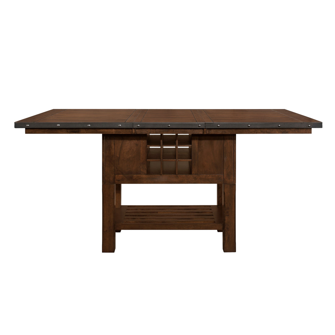 Dark Brown Finish Storage Base Counter Height Table 1Pc Extension Leaf 2 Drawers 9 Bottles Wine Rack Decorative Metal Rivet Banding Dining Furniture Dark Brown Seats 6 Dining Room Transitional Kitchen & Dining Tables Rectangular Wood