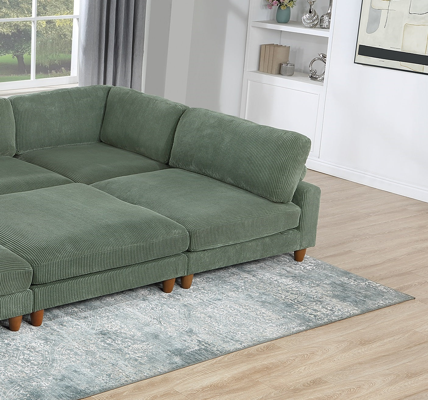 Contemporary Sage Color 6Pc Modular Sectional Set Corduroy Upholstery Couch 2X Corner Wedge 3X Armless Chairs 1X Ottoman Living Room Sage Primary Living Space Cushion Back Contemporary,Modern Modular Rubberwood Corduroy 6 Seat