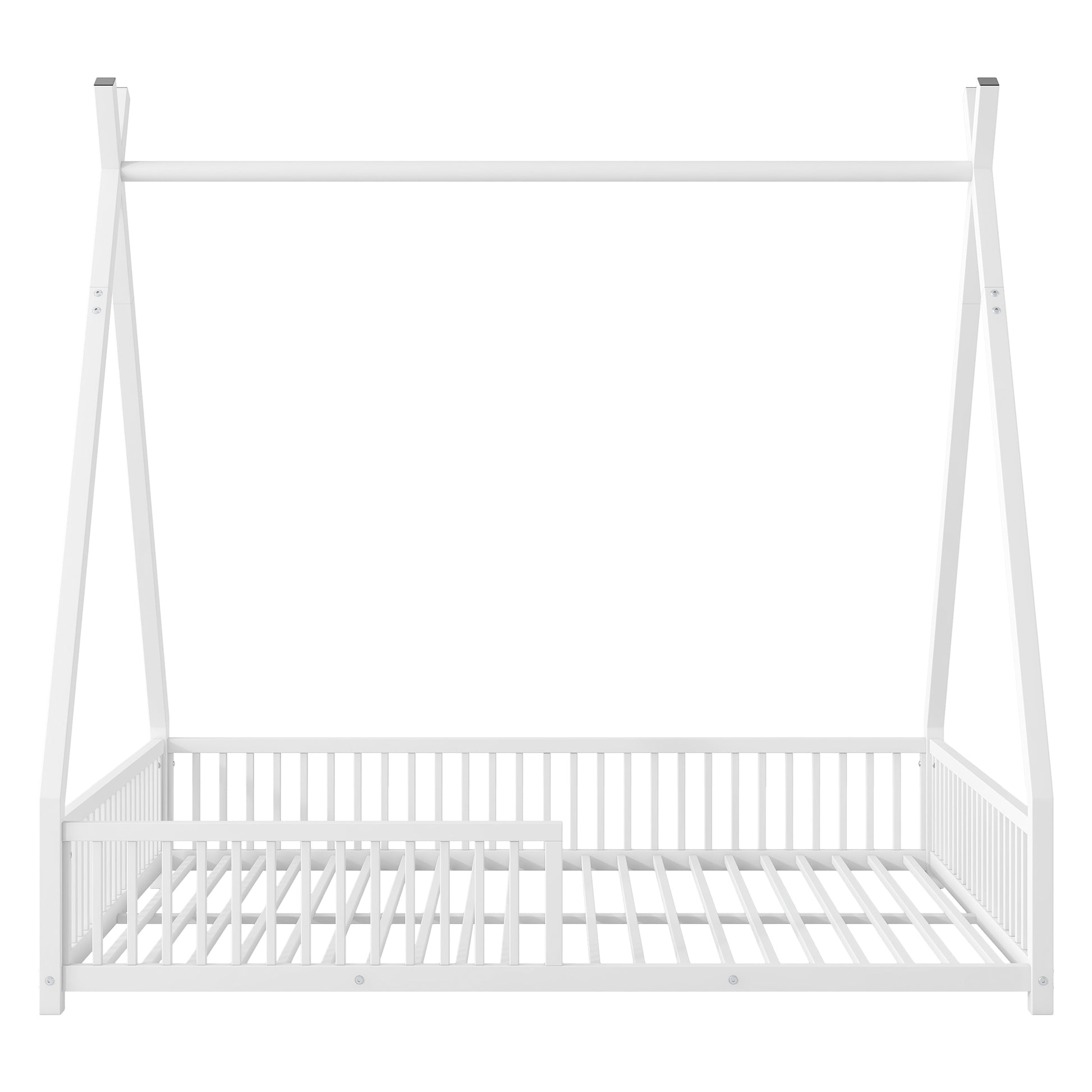 Metal Full Size House Platform Bed With Triangle Structure And Guardrail, White Expected Arrival Time: 9.7 Box Spring Not Required Full White Metal Metal