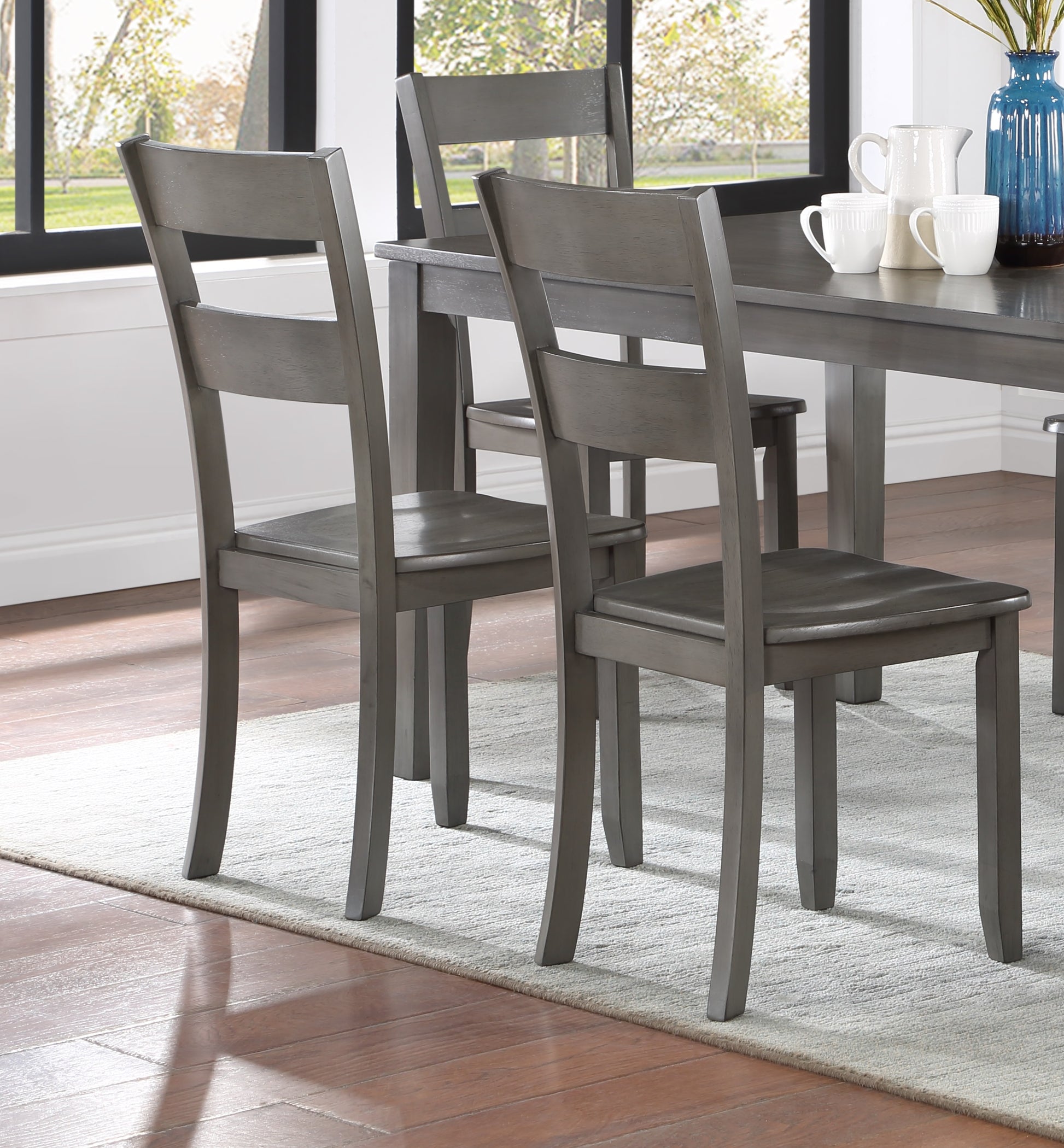 Transitional 7Pc Dining Set Rectangular Table Wood Base Ladder Back Chairs Gray Finish Wooden Dining Room Furniture Wood Wood Gray Seats 6 Wood Dining Room 72 Inches Contemporary 4 Leg Rectangular