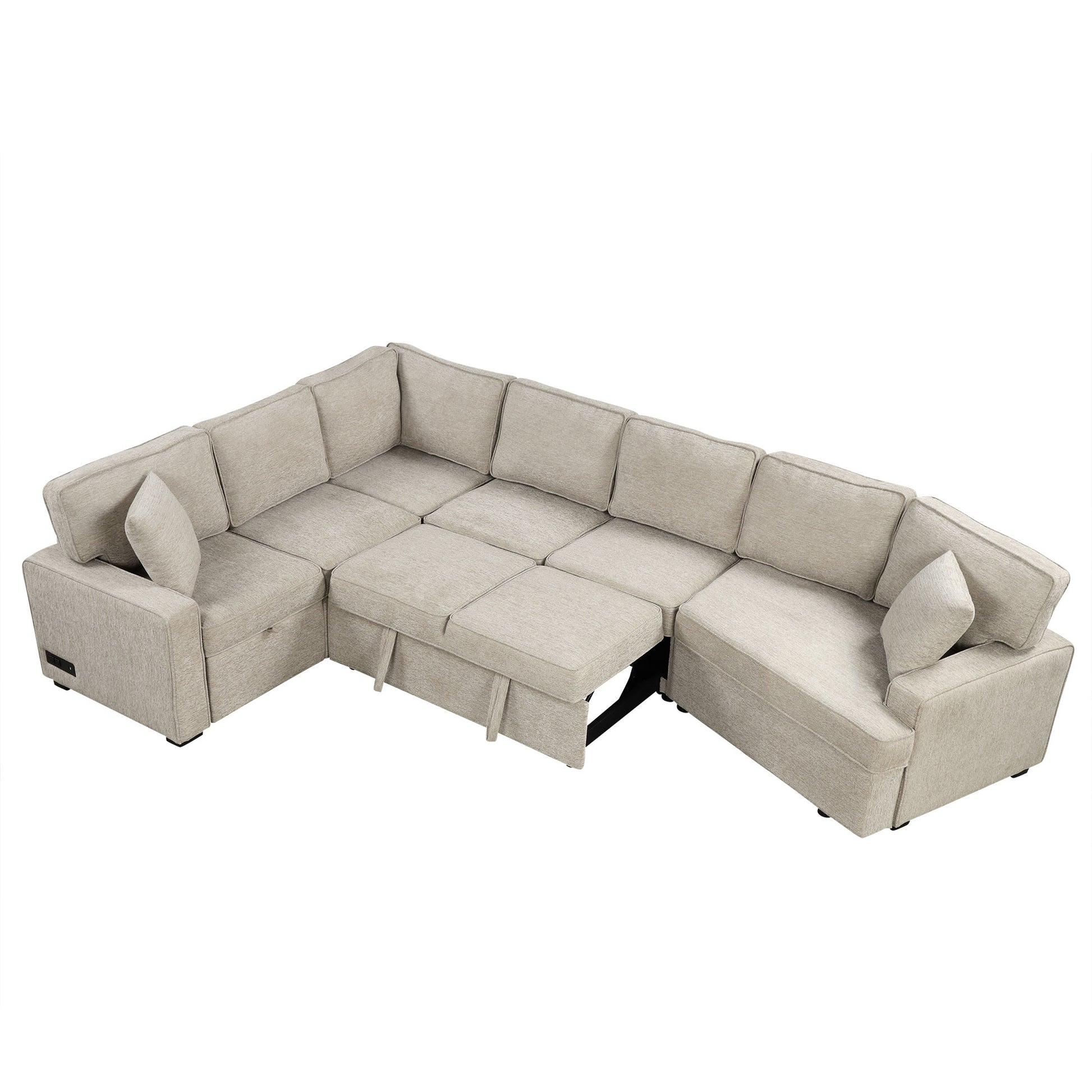 126" L Shaped Sofa Sectional Sofa Couch Pull Out Sofa Bed With Charging Devices And Cup Holders For Living Room, Beige Beige Foam Chenille 6 Seat