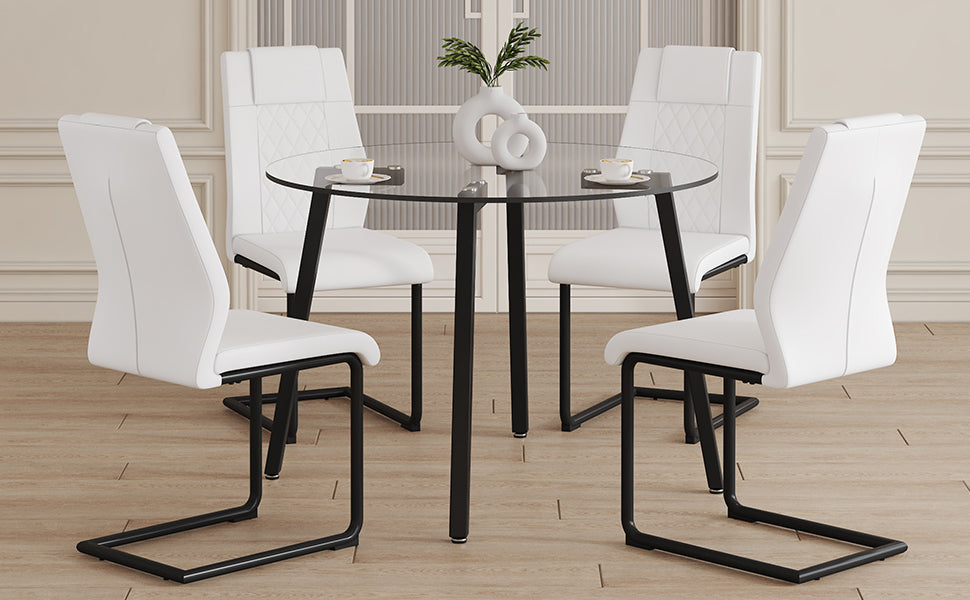 Table And Chair Set.A Modern Minimalist Style Round Clear Tempered Glass Table With Black Metal Legs.Paried With 4 Chairs With Modern Pu Leather High Back Upholstered And C Tube Black Metal Legs. White Black Seats 4 Glass Metal