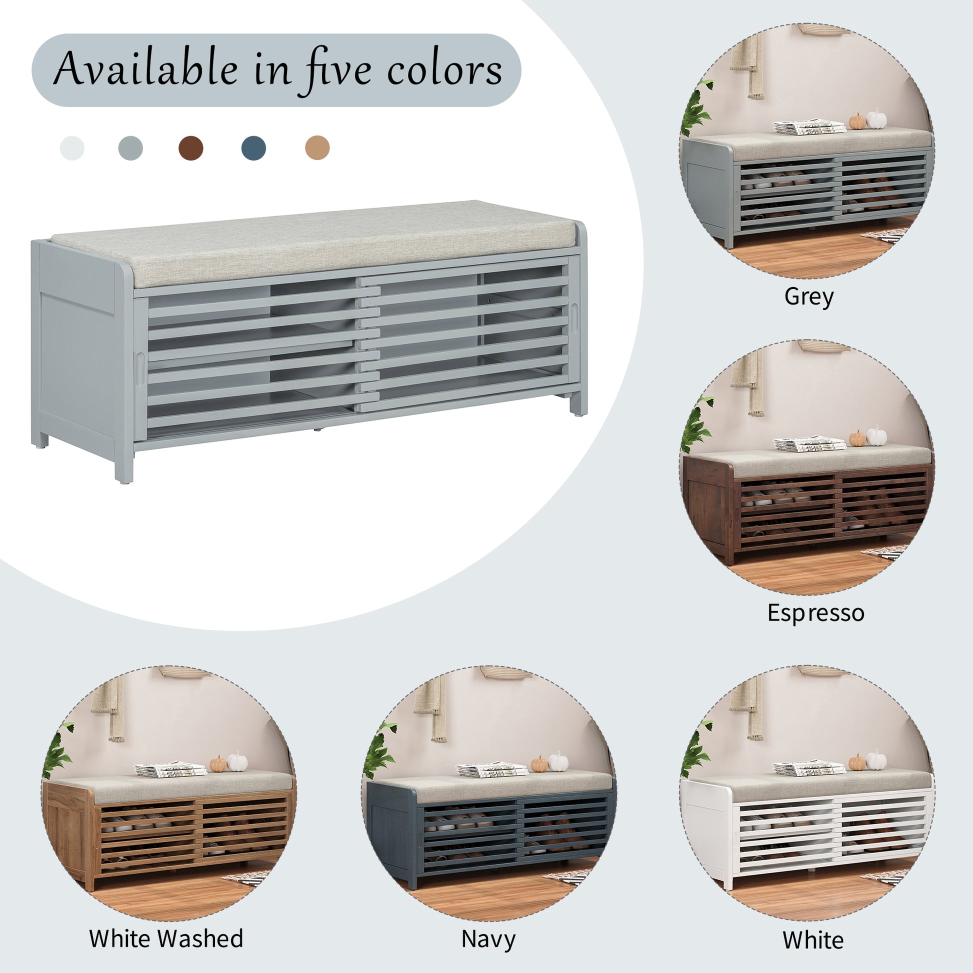 Distressed Shutter Storage Bench With Acacia Veneer For Retro Charm For Living Room, Entryway Grey Grey Mdf