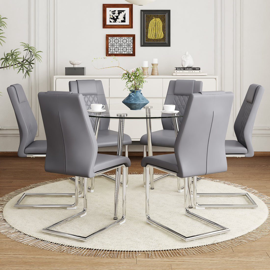 Table And Chair Set.A Modern Minimalist Round Dining Table With Transparent Tempered Glass Top And Silver Metal Legs,And 6 Chairs With Pu Backrest And Seat Cushion And Silver C Tube Metal Legs. Dark Gray,Transparent Seats 6 Glass Metal