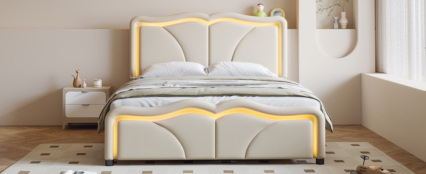 Full Size Upholstered Platform Bed With Curve Shaped And Height Adjustbale Headboard,Led Light Strips,White Full White Upholstered