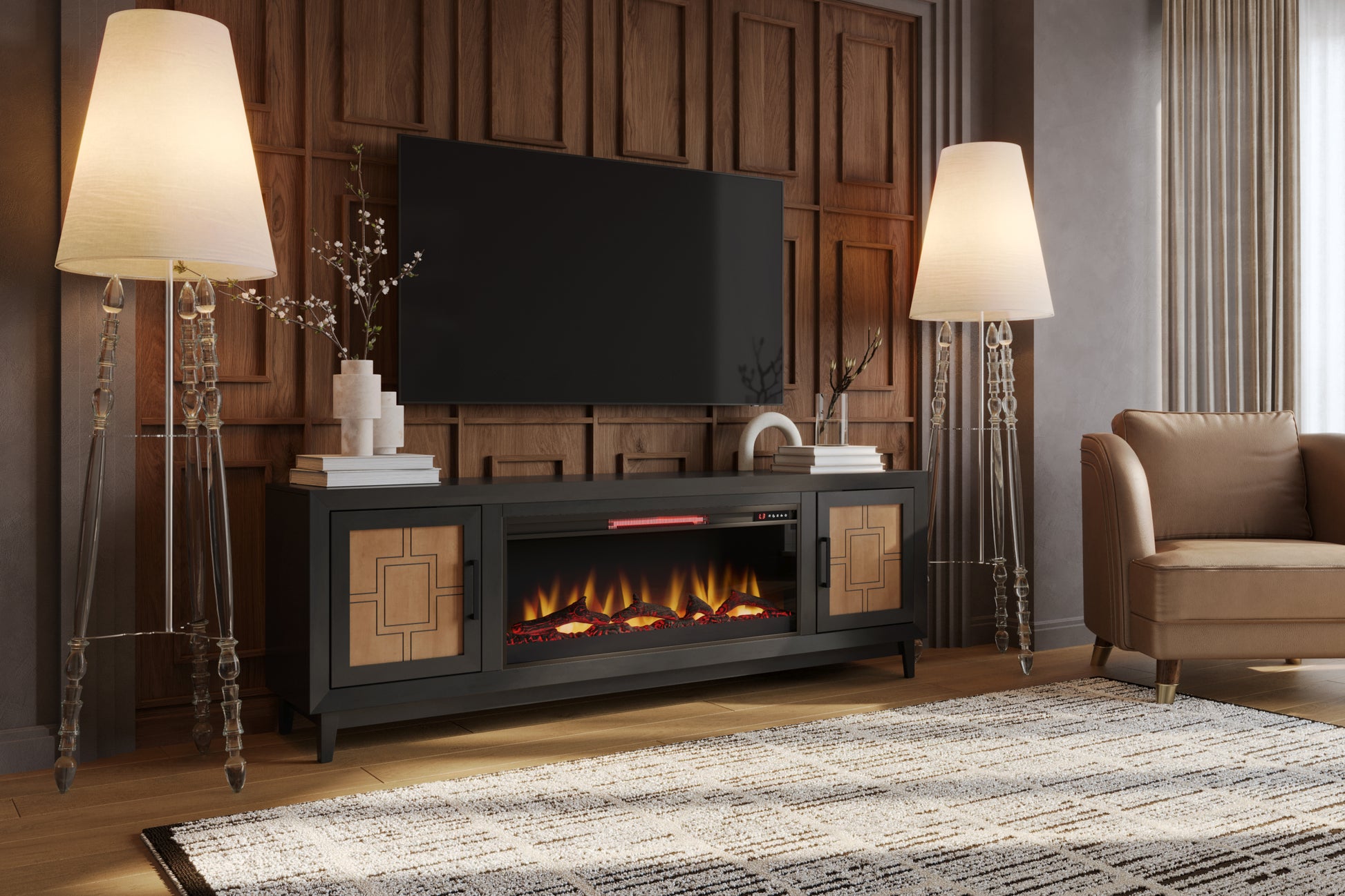 Ventura 86 Inch Fireplace Tv Stand For Tvs Up To 95 Inches, Black And Bourbon Finish Black 90 Inches Or Larger Wood Wood