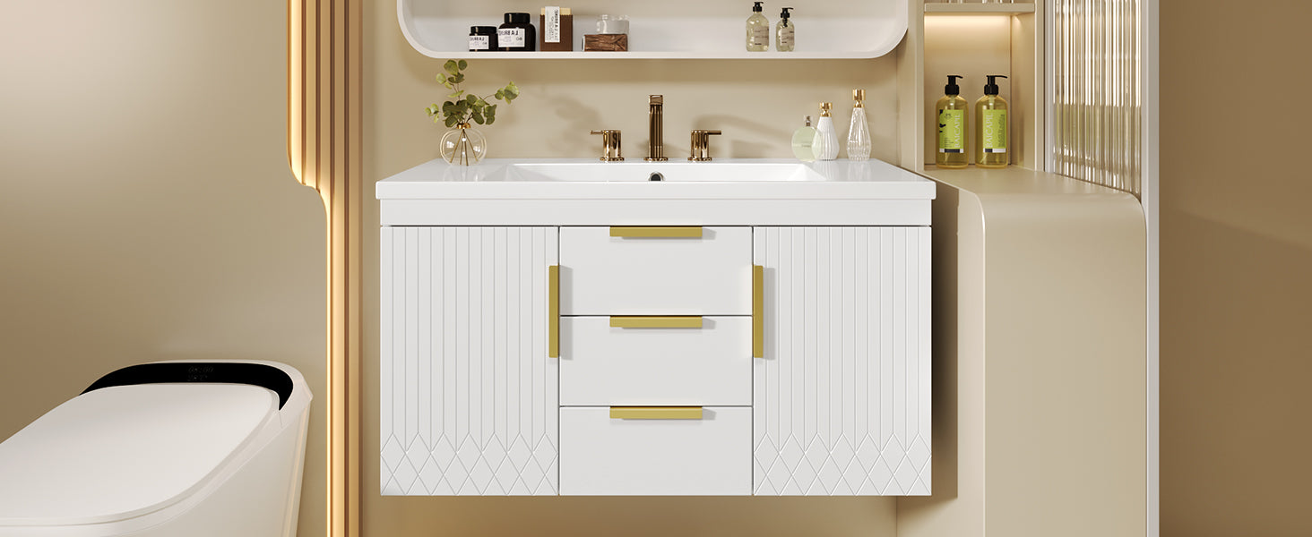 36'' Wall Mounted Bathroom Vanity With Resin Sink, Floating Bathroom Storage Cabinet With 2 Drawers, Solid Wood Bathroom Cabinet White Bathroom Modern Mdf