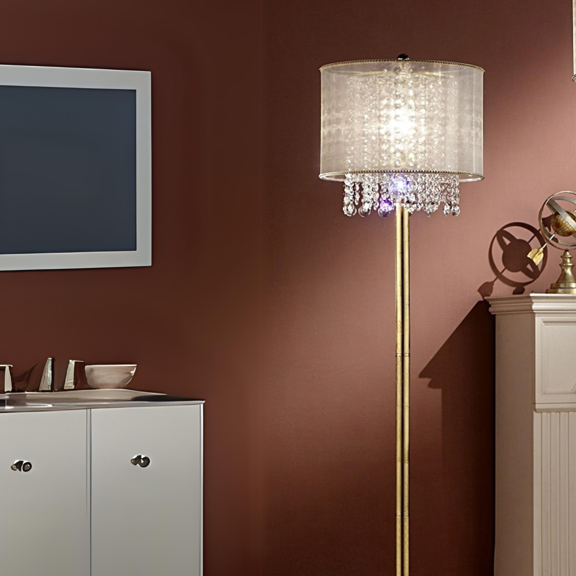 65" Tall Floor Lamp "Bhavya" W Gold Finish And Crystal Accents, White Shade Gold Metal