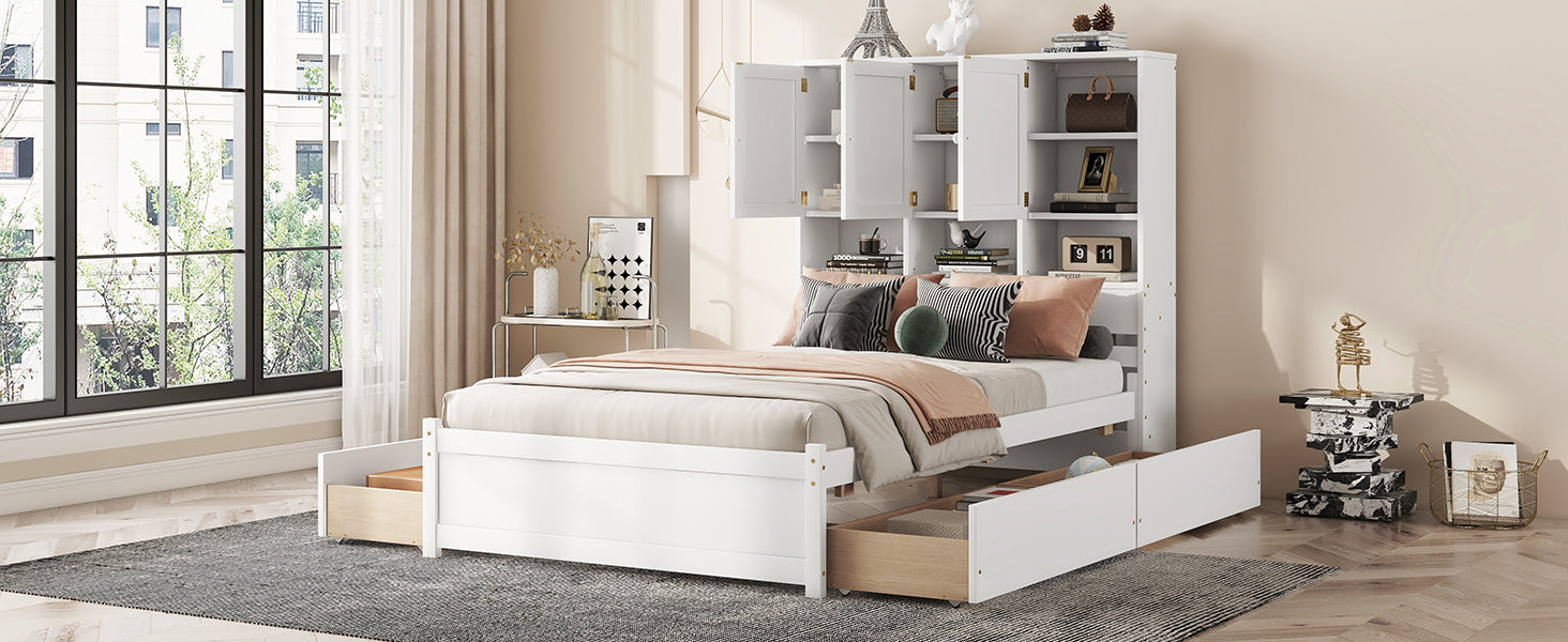 Full Size Platform Bed With Storage Headboard And 4 Drawers, White Box Spring Not Required Full White Wood Bedroom Bed Frame Solid Wood Mdf