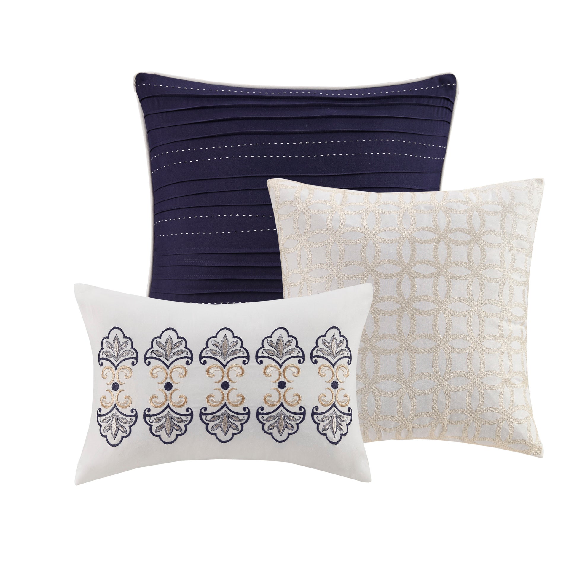 6 Piece Reversible Quilt Set With Throw Pillows Navy Tan King Cal King King Navy Cotton