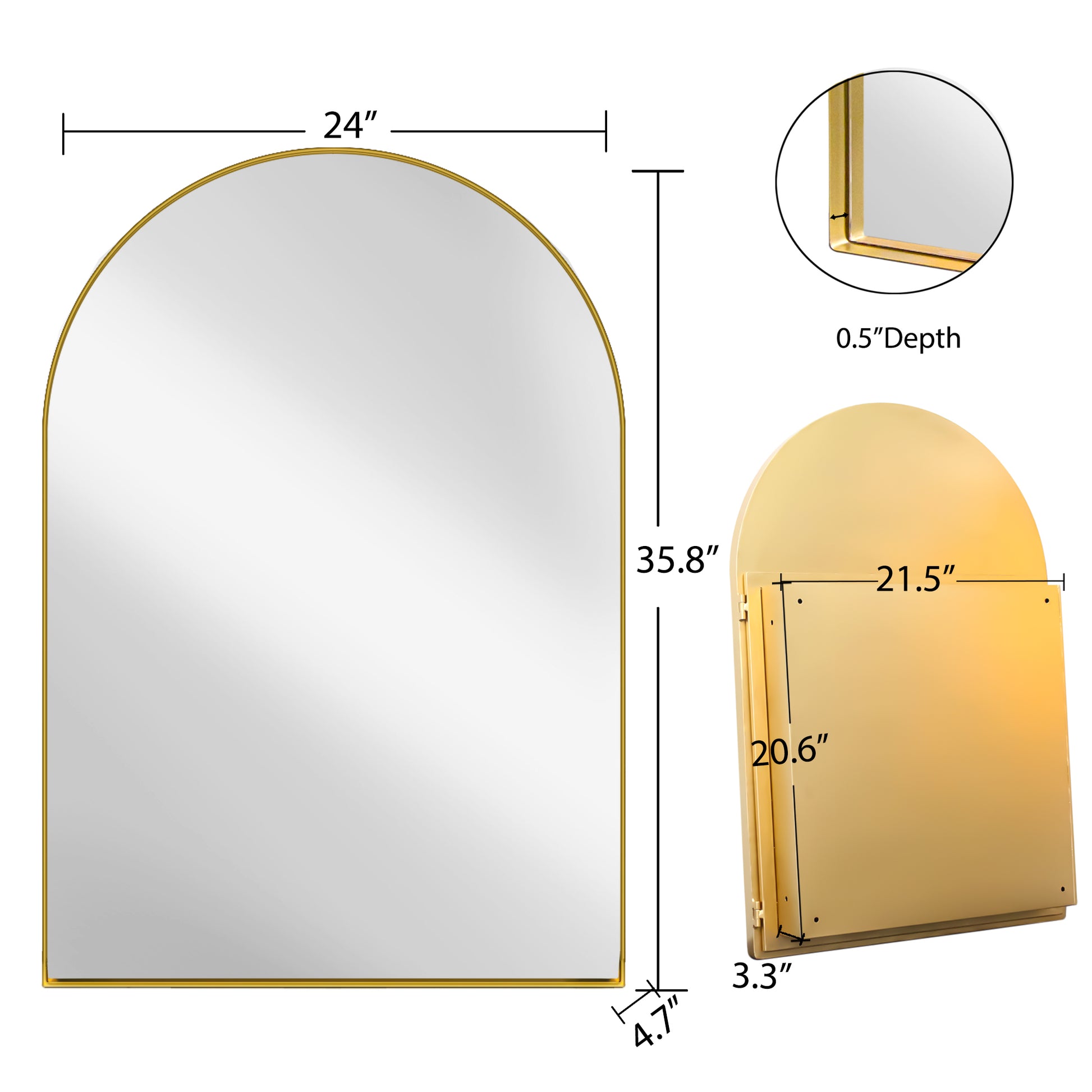 24X36 Inch Arched Recessed Medicine Cabinet, Metal Framed Bathroom Wall Cabinet With Mirror And Adjustable Shelves, Wall Mirror With Storage For Bathroom, Matte Gold Gold 2 Adjustable Shelves Bathroom Wall Mounted Metal