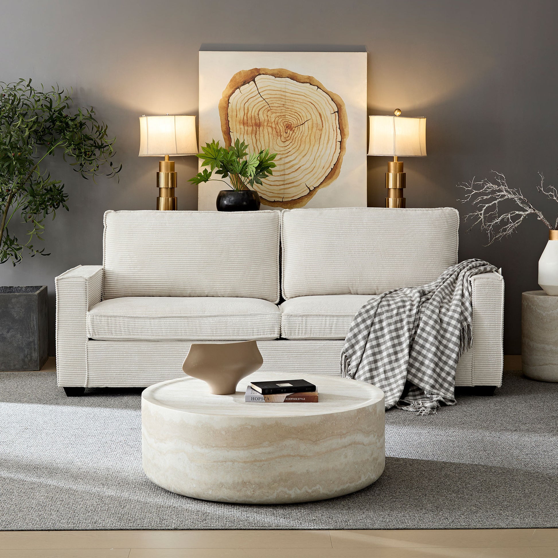 Corduroy Sofa, 87.4 Inch Modern Design Sofa With Cup Holder And Storage Bags, Deep Seat Sofa Couch,Comfy Couch For Living Room,Apartment,Beige Beige Corduroy 3 Seat