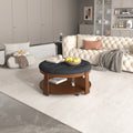 Modern Large Round Ottoman Coffee Table 2 Tier Oversized Button Tufted Ottoman With Wood Shelf Storage Upholstered Coffee Table For Living Room Footrest Ottoman With Wheel, Waterproof Linen Black Brown Rubber Wood