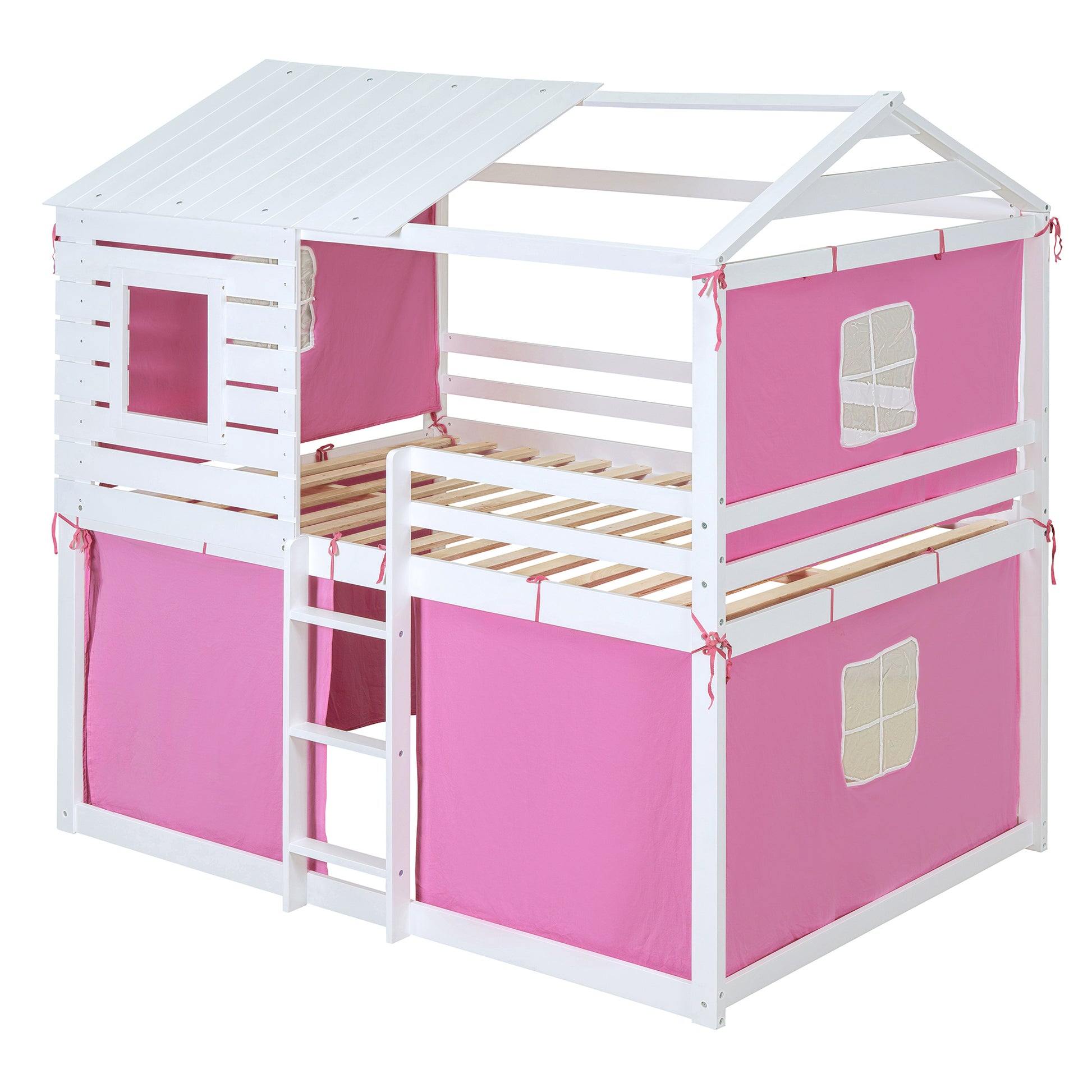 Full Size Bunk Wood House Bed With Tent, Pink White Full Pink White Solid Wood Mdf