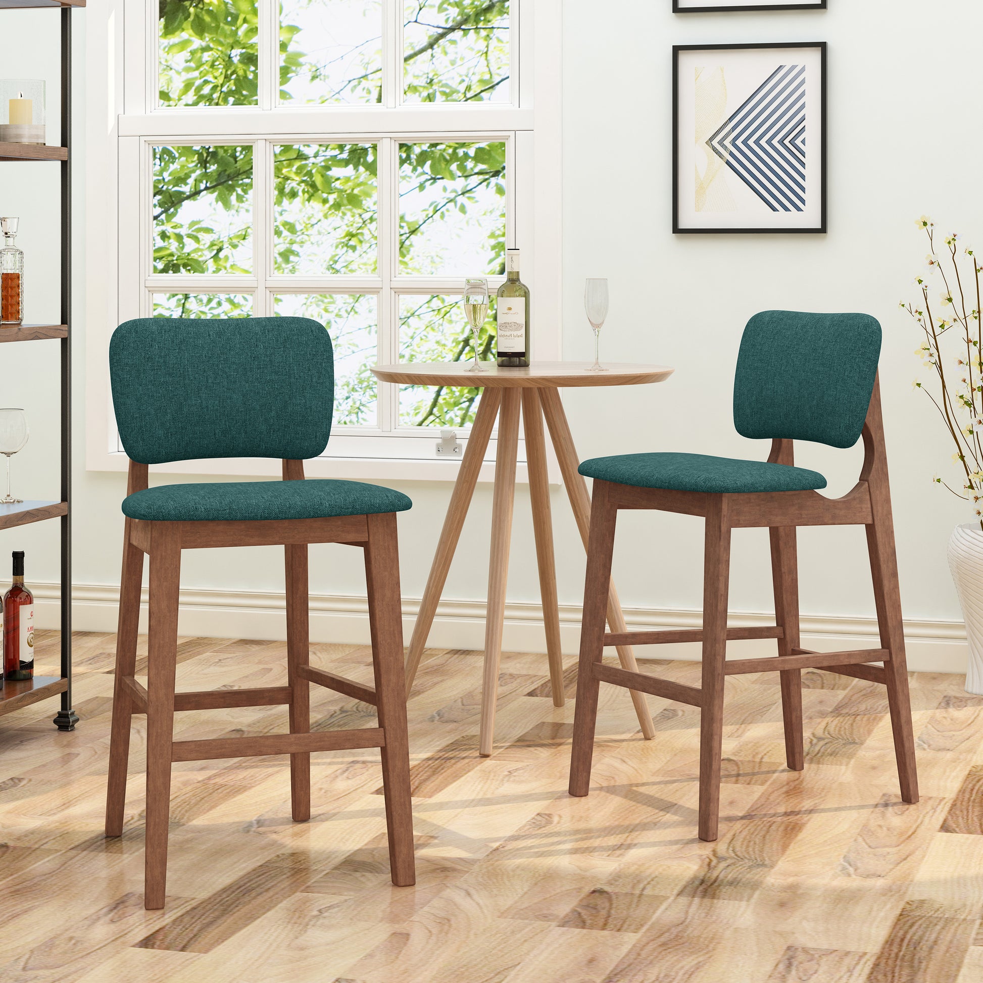 Rubberwood Upholstered Barstool With Fabric Seats Set Of 2 , Dark Green, And Walnut Finish Frame Rubberwood Dark Green,Walnut Light Brown Dining Room Foam Wipe Clean Square Bar Stools Rubberwood Set