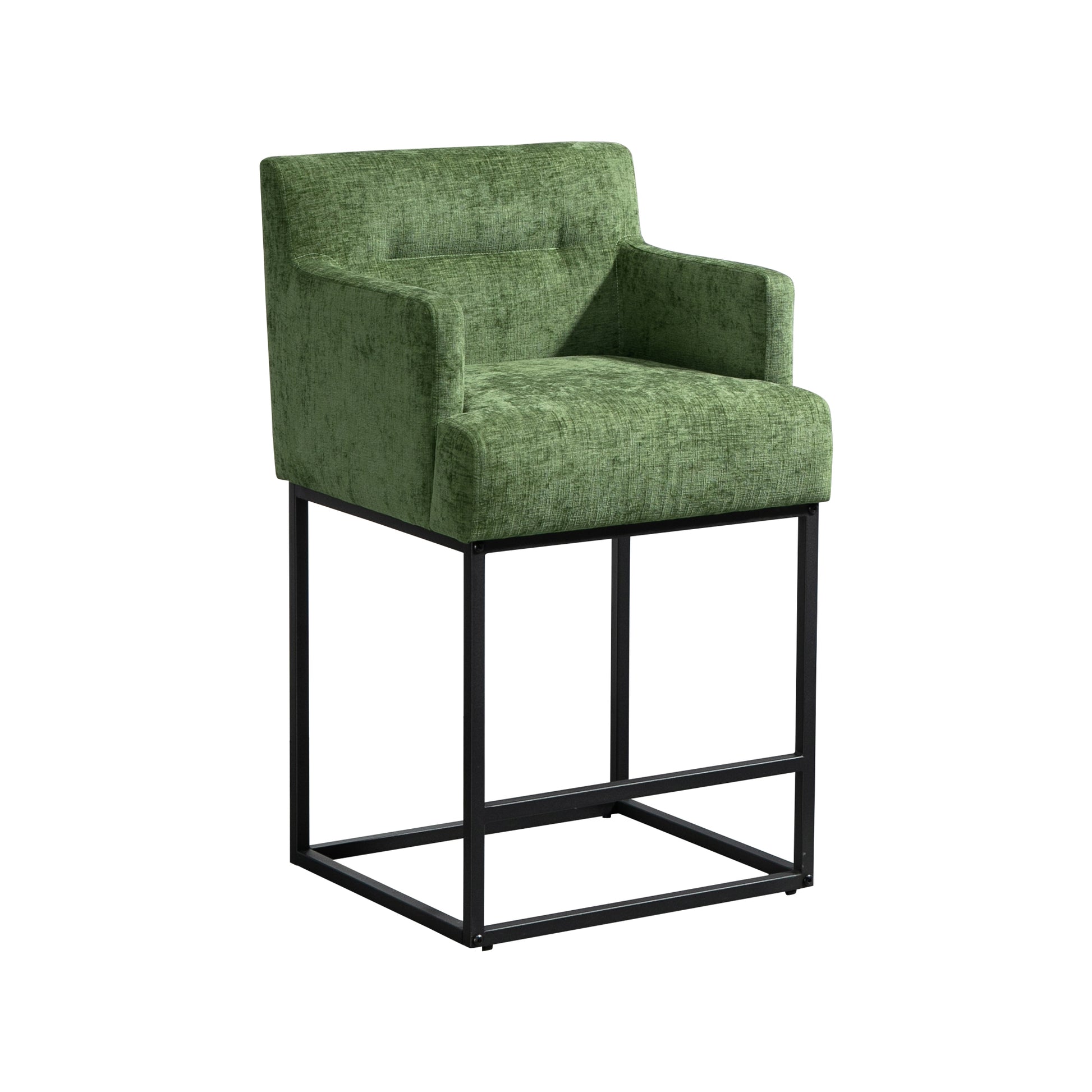 Coolmore Counter Height Bar Stools Set Of 2, Modern Barrel Bar Stool With Backrest And Arms, Black Metal Frames, Upholstered Bar Stools For Kitchen Island, Pub, Club Green Foam Chenille