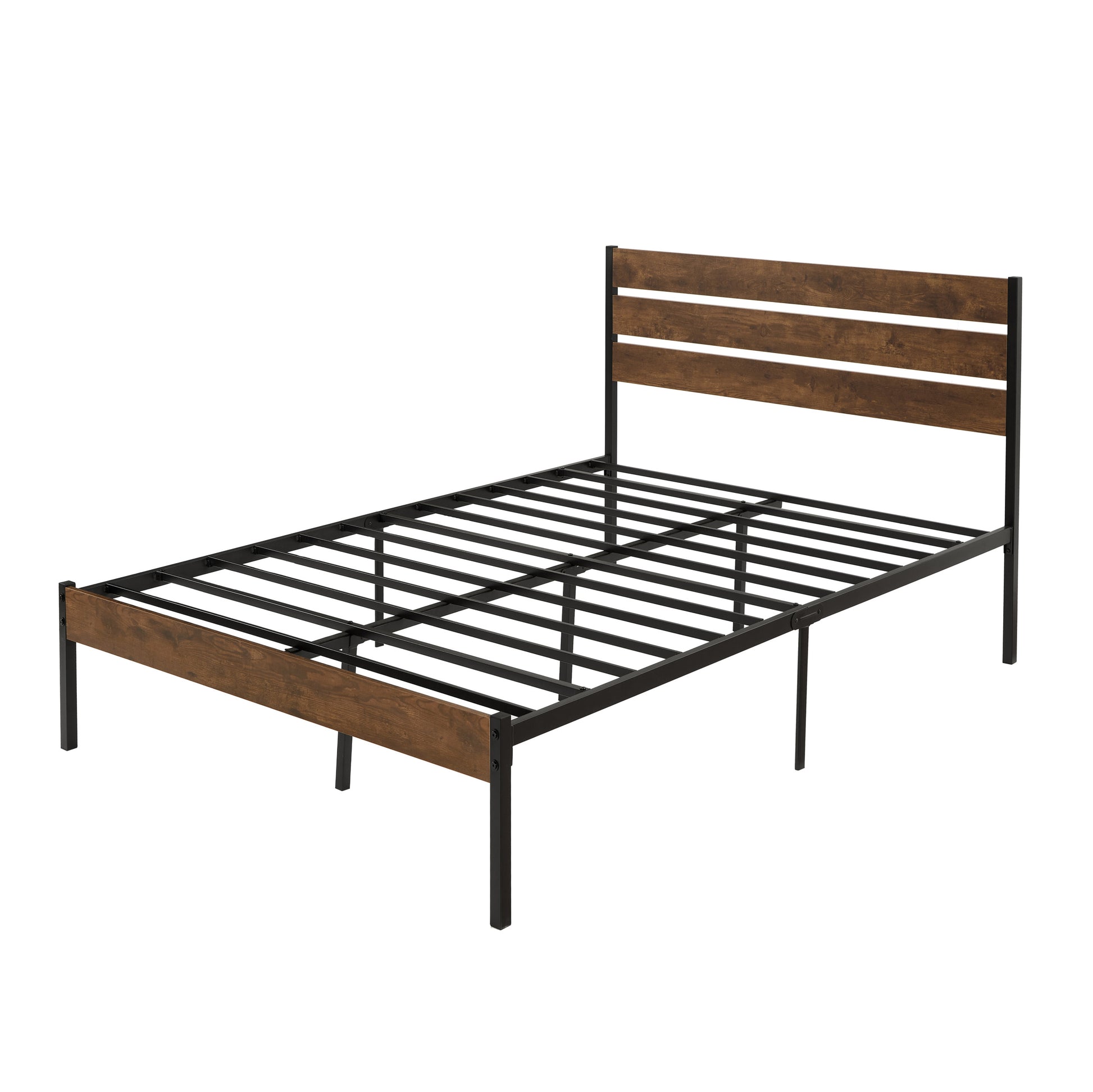 Full Size Bed Frame With Wood Headboard, Metal Frame With Strong Slats, Noise Free,No Box Spring Needed Brown. Full Brown Metal & Wood