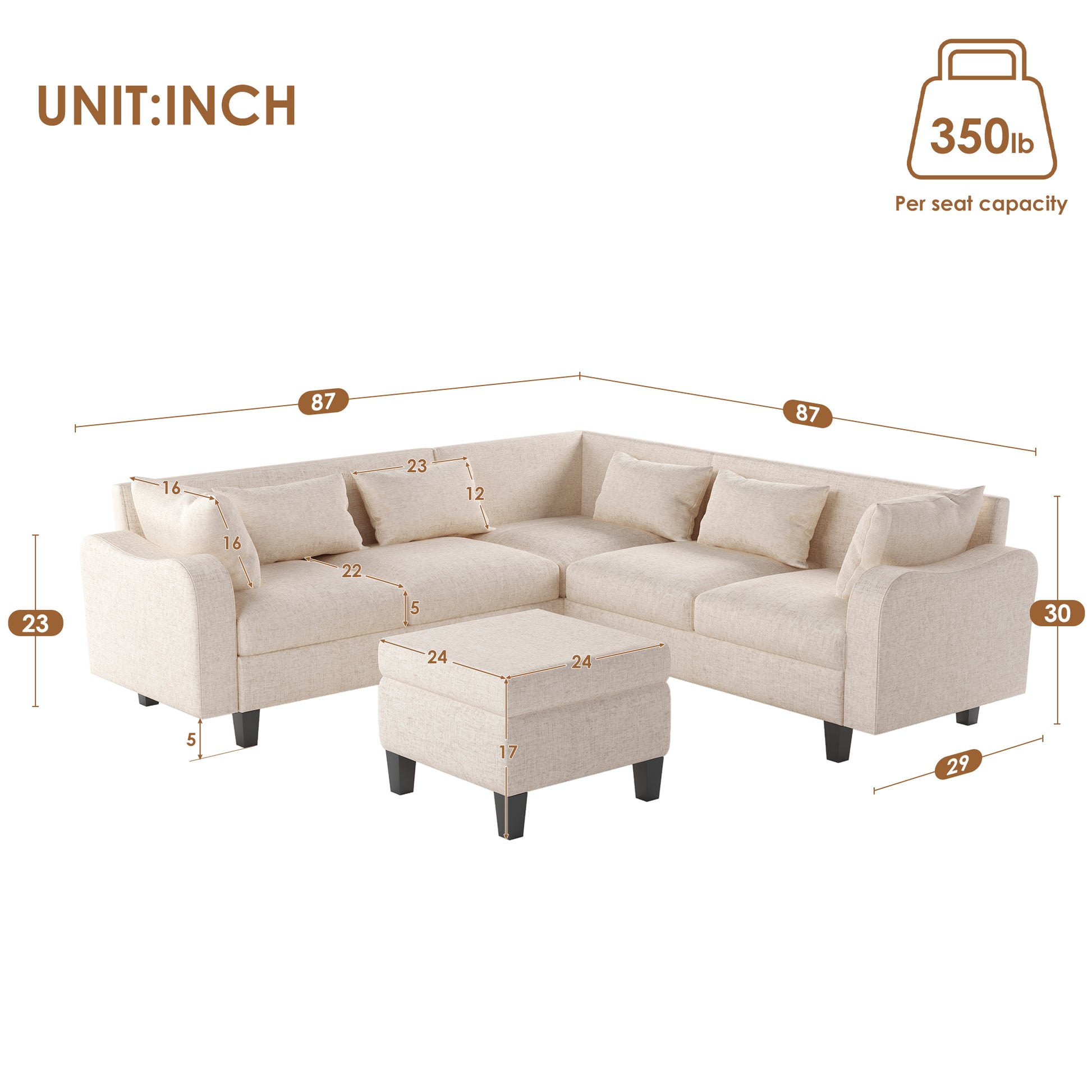 87" Modern Sectional Sofa With Coffee Table,6 Seat Couch Set With Storage Ottoman,Various Combinations,L Shape Indoor Furniture With Unique Armrests For Living Room,Apartment, 2 Colors 6 Pillows Beige Linen 6 Seat