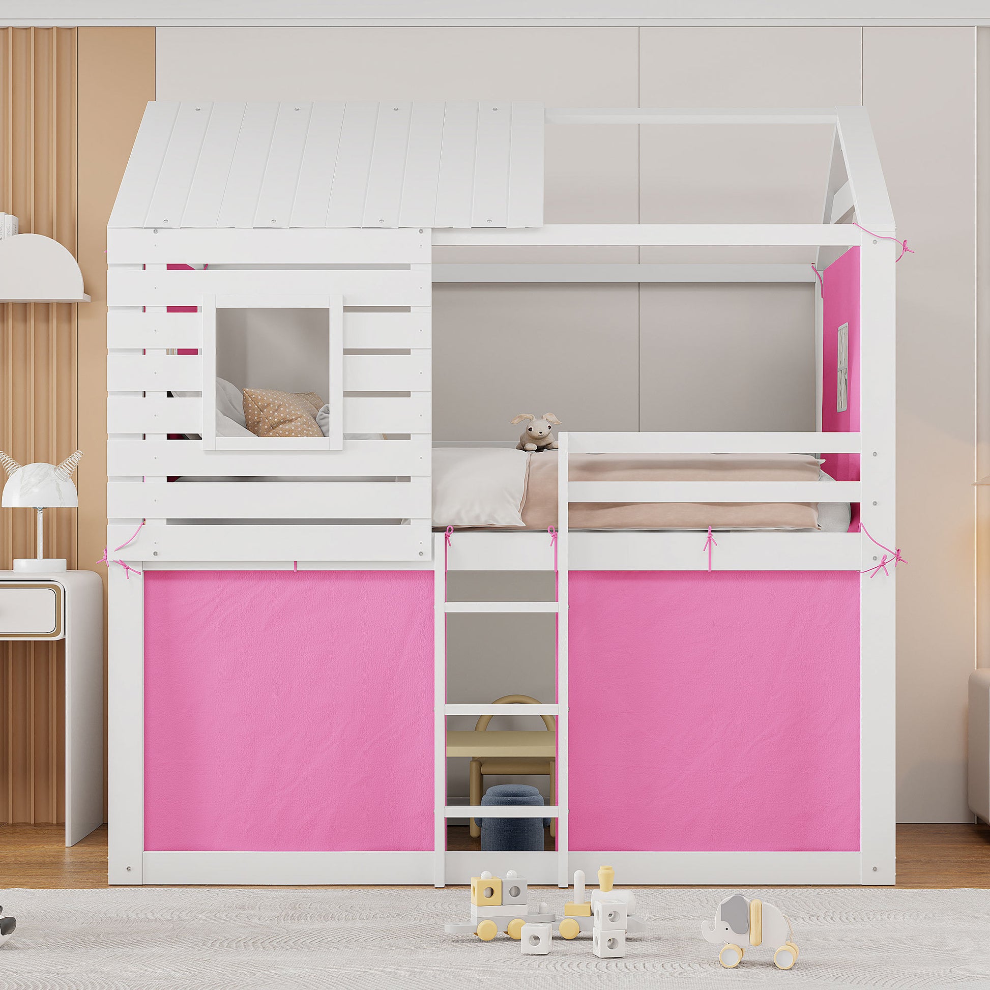 Full Size Bunk Wood House Bed With Tent, Pink White Full Pink White Solid Wood Mdf