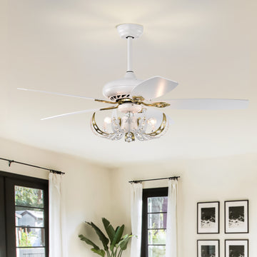 52" Crystal Ceiling Fan With 5 Reversible Blades Light Kit And Remote Control, 3 Speed Matte White Matte White American Traditional,Classic,Contemporary Crystal Metal