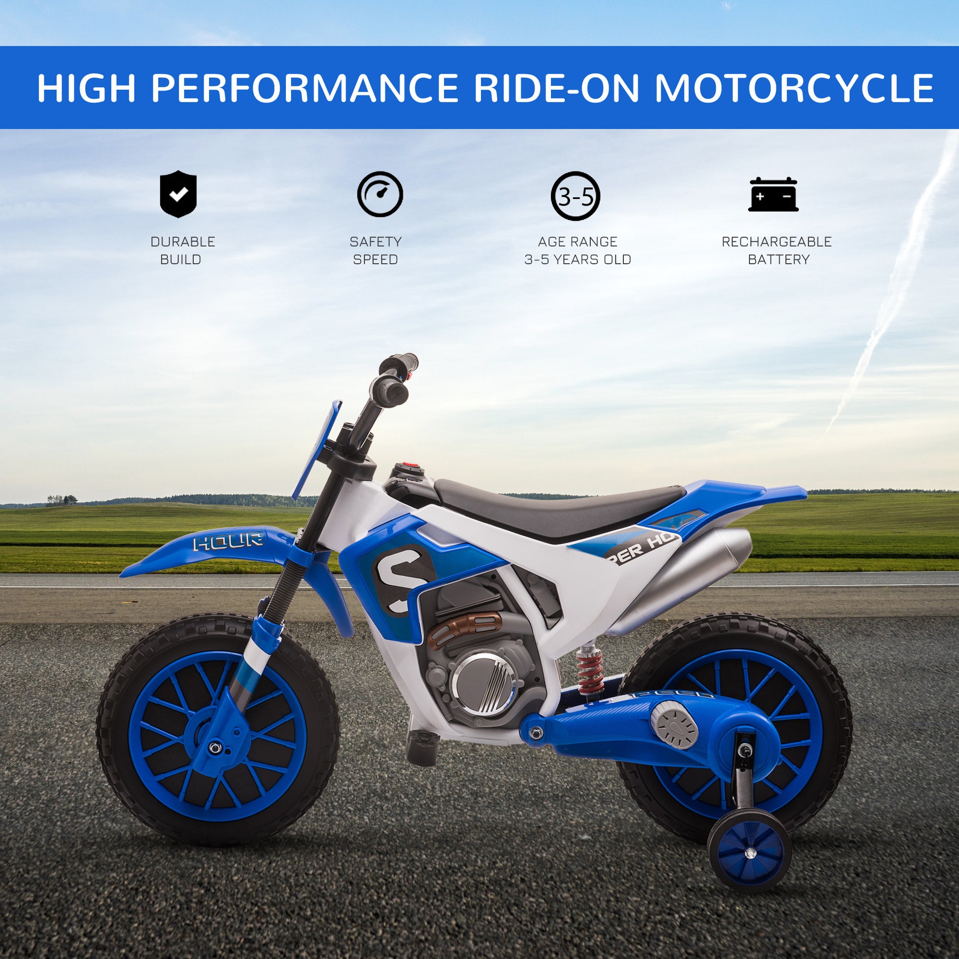 Aosom 12V Kids Motorcycle Dirt Bike Electric Battery Powered Ride On Toy Off Road Street Bike With Charging Battery, Training Wheels Blue Blue Plastic