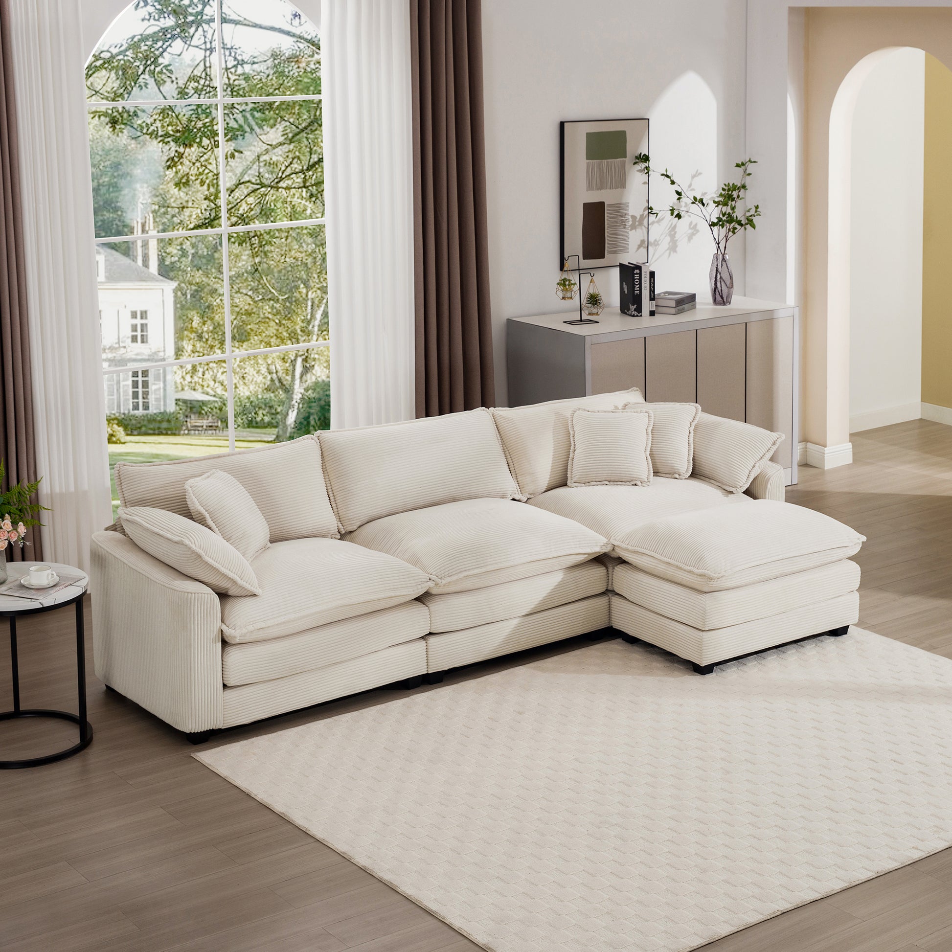 Sectional Sofa Modular Deep Seat 3 Seat Sofa Couch With Ottoman,Comfy Upholstered Furniture For Living Room,Light Beige Corduroy Sofa Beige Corduroy 3 Seat