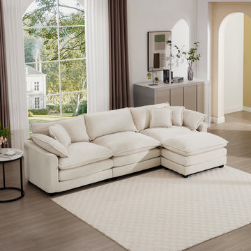 Sectional Sofa Modular Deep Seat 3 Seat Sofa Couch With Ottoman,Comfy Upholstered Furniture For Living Room,Light Beige Corduroy Sofa Beige Corduroy 3 Seat