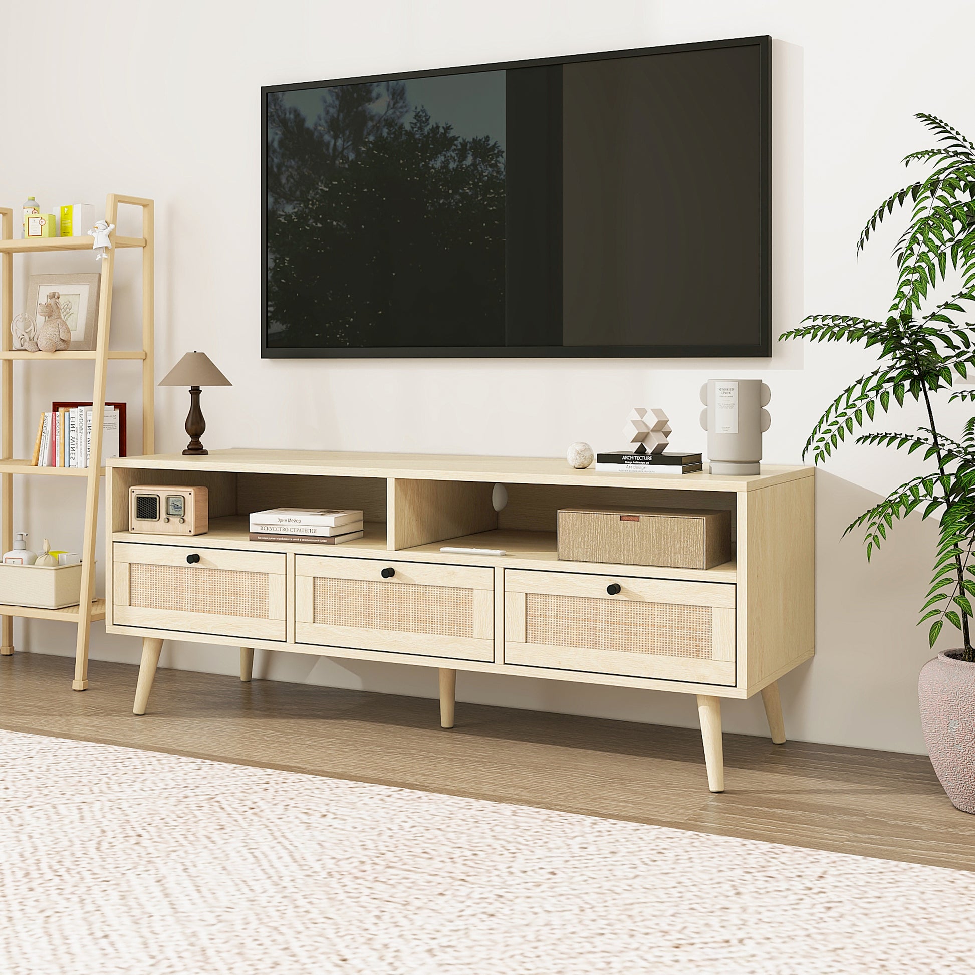 Rattan Tv Stand With Solid Wood Feet, Tv Console Table For Living Room, Natural Oak Particle Board