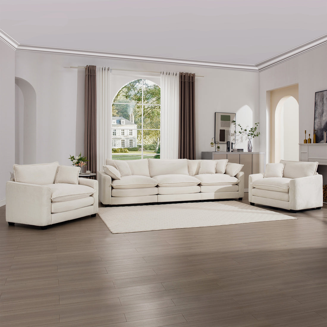 Luxurious And Sophisticated Sofa Set With Soft Cushions And Pillows, 3 Pieces Sofa Set Consisting Of Two Single Sofas And A 3 Seater Sofa In Light Beige Corduroy Fabric Beige Corduroy 5 Seat