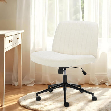Criss Cross Chair With Wheels, Armless Legged Office Desk Chair, Comfy Swivel Rolling Vanity Chair, Ergonomic Fabric Modern Wide Seat Adjustable Home Office Chair White White Metal