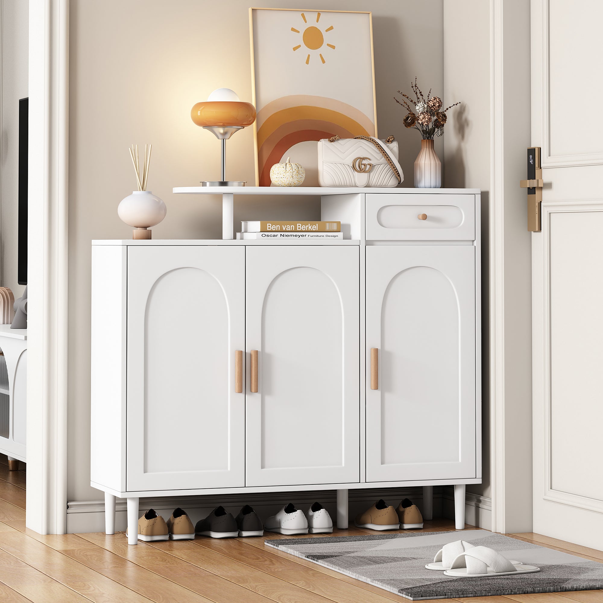 Elegant Shoe Cabinet With Arched Doors And Drawer, Cream Style Storage Sideboard With Adjustable Shelves And Solid Wood Legs For Entryway, Living Room, White Freestanding 1 2 Drawers White Primary Living Space Adjustable Shelves Particle Board Mdf