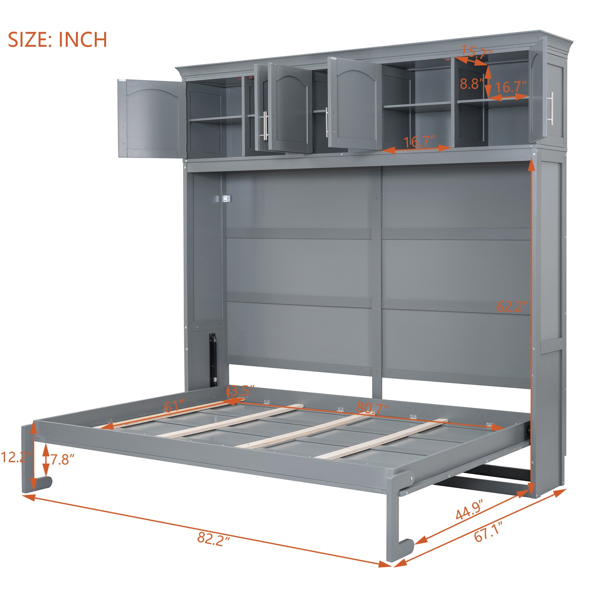 Queen Size Murphy Bed Wall Bed With Top Cabinets,Gray Queen Gray Plywood