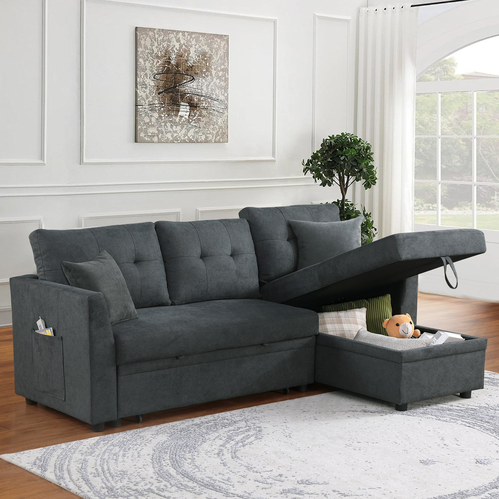 Sectional Sofa Bed L Shaped Sofa Couch Bed With Usb Port, Reversible Sofa Couch Sleeper With Pull Out Bed, Chaise With Storage, Pull Out Couch For Living Room Gray Velvet 3 Seat