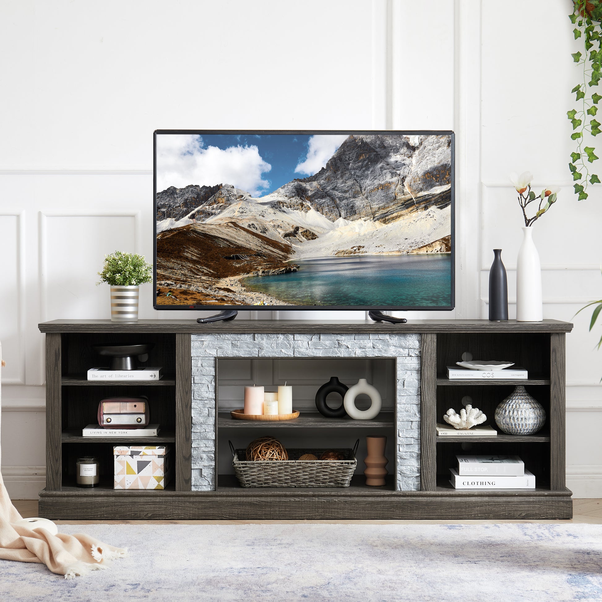 Large Tv Stand Tv Desk Storage Rack With Faux Stacked Stone Surround,Media Console Table With Large Storage Cabinet,Modern Tv Media Entertaionment Stand,Grey, 70.12"W*15.35"D*25.83"H Grey 70 79 Inches Mdf