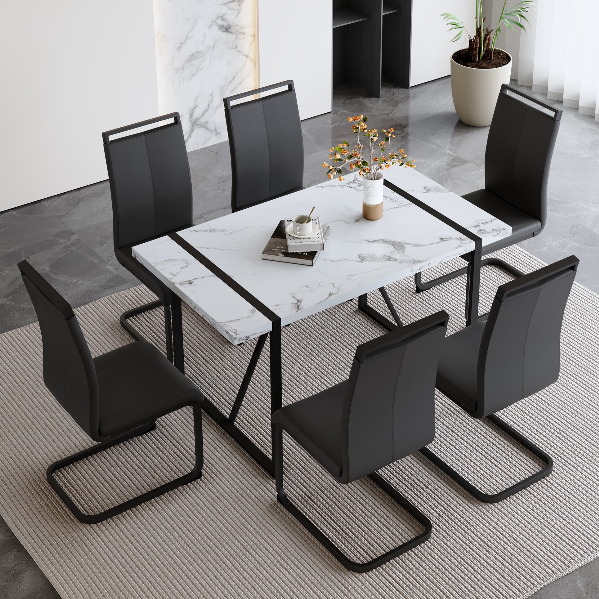 Table And Chair Set.A Modern Minimalist White Marble Veined Mdf Dining Table With Black Metal Frame.Paried With 6 Chairs With Pu Cushions And C Tube Black Metal Legs. White Black Seats 6 Mdf Metal