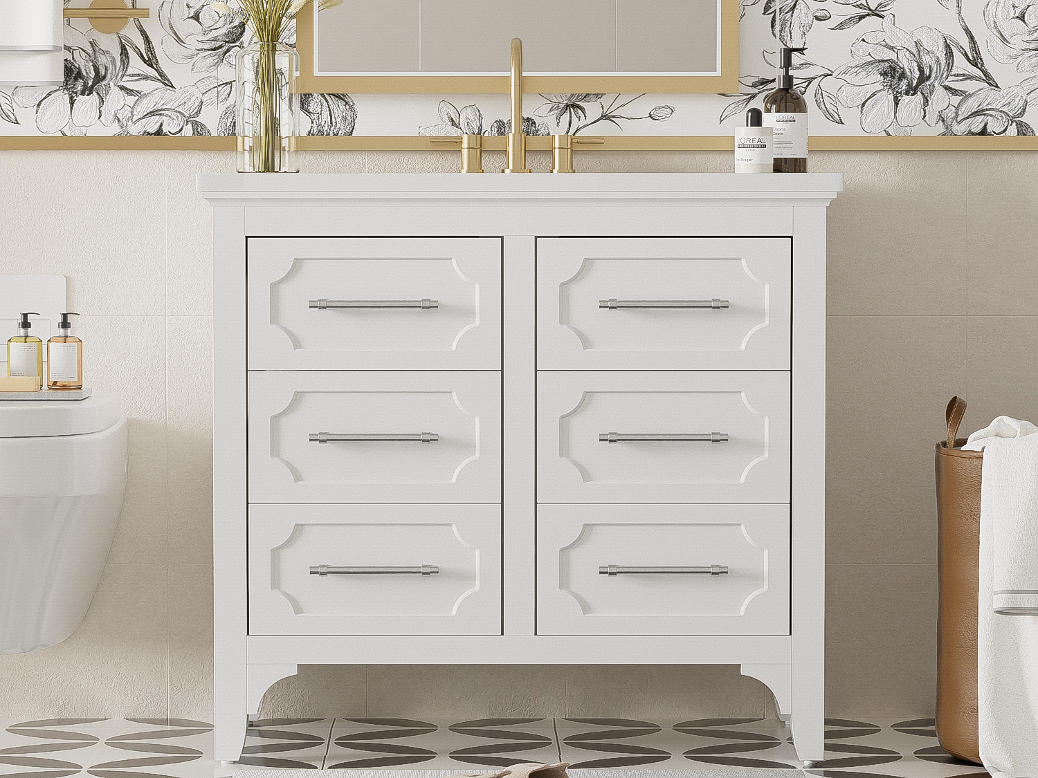 36'' Bathroom Vanity With Resin Sink Combo, Free Standing Single Vanity Set With Four Drawers, Solid Wood Frame Bathroom Storage Cabinet 4 White Bathroom Solid Wood Mdf Resin Painted