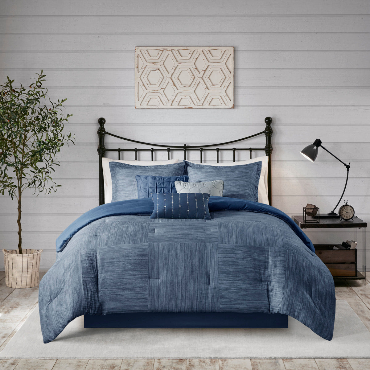 7 Piece Printed Seersucker Comforter Set Navy Cal King California King Navy Microfiber