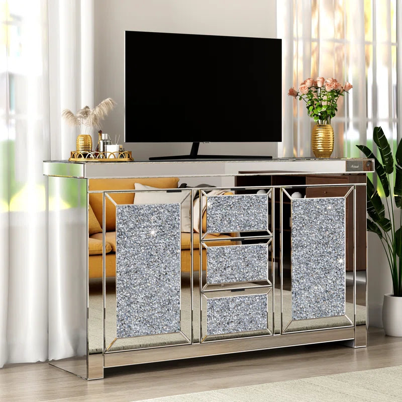 57" Wide 3 Drawer Mirrored Glass Sideboard Silver Kitchen Luxury,Modern Cabinets Included Mdf Glass,Mirror