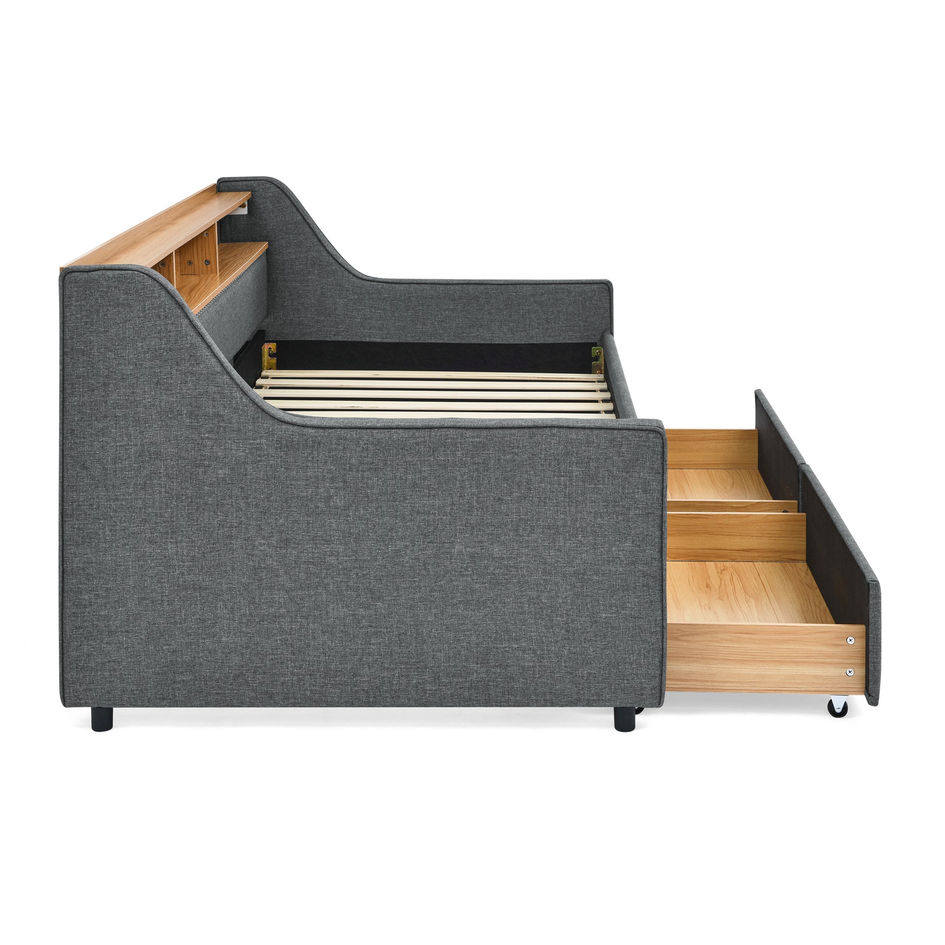 Twin Size Upholstery Sofa Bed With Three Led Lights, With Storage Adjustable Headboard, With Two Storage Pull Up Drawers And Wireless Charging, Linen Padded Sofa Bed Frame, Grey Box Spring Not Required Twin Grey Composite Bedroom Classic Eucalyptus Foam