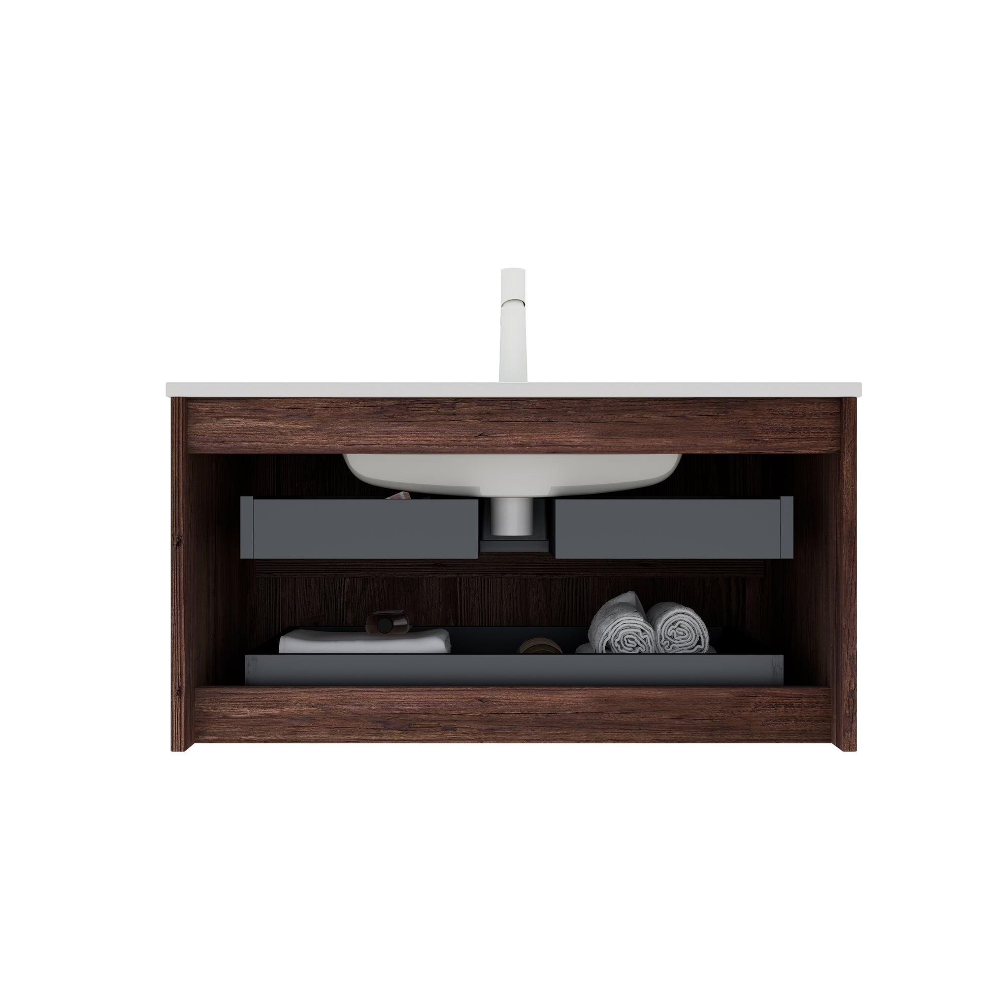 Noor 30" Bathroom Vanity With Sink, Modern Wall Mounted Floating Plywood Bathroom Storage Cabinet With 2 Drawers, White Ceramic Basin With Sink Hole Cover And Drain, Pre Assembled, Retro Walnut White Deep Walnut Bathroom Modern,Scandinavian Plywood