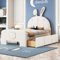 Twin Size Velvet Platform Bed With Rabbit Shaped Headboard, With Drawers, With Bed End Storage Pocket, Beige Twin Beige Plywood