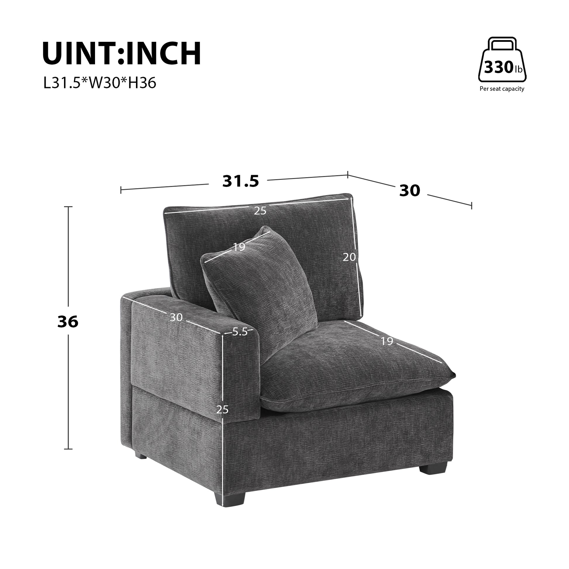 31.5*30" Left Seat Module For Modular Sectional Sofa,Chenille,2 Colors Dark Gray Chenille 1 Seat