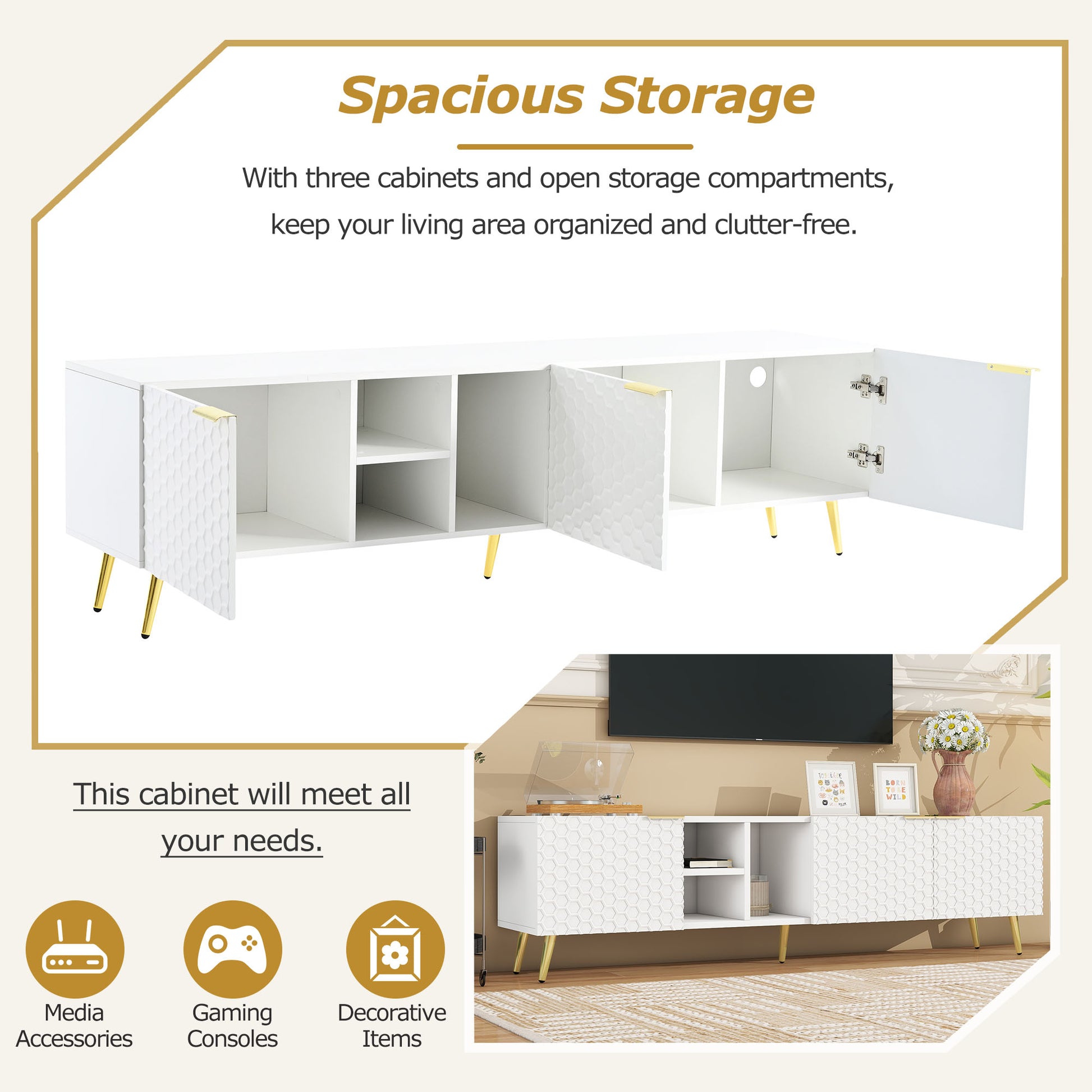 Modern Minimalist Geometric Tv Cabinet With Metal Handles And Gold Legs For Tvs Up To 80'', Multi Functional Tv Stand With Storage Cabinets, Entertainment Center For Living Room, White White Gold