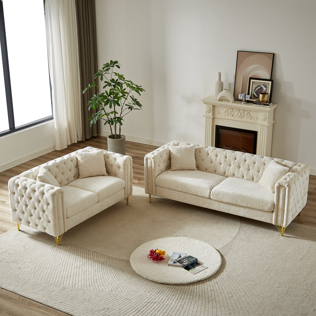 Chenille Pull Buckle Design Sofa For Living Room,Buttons Tufted With Copper Nail Decoration Armrest, Modern Couch Upholstered Button And Metal Legs Beige Foam Chenille 5 Seat