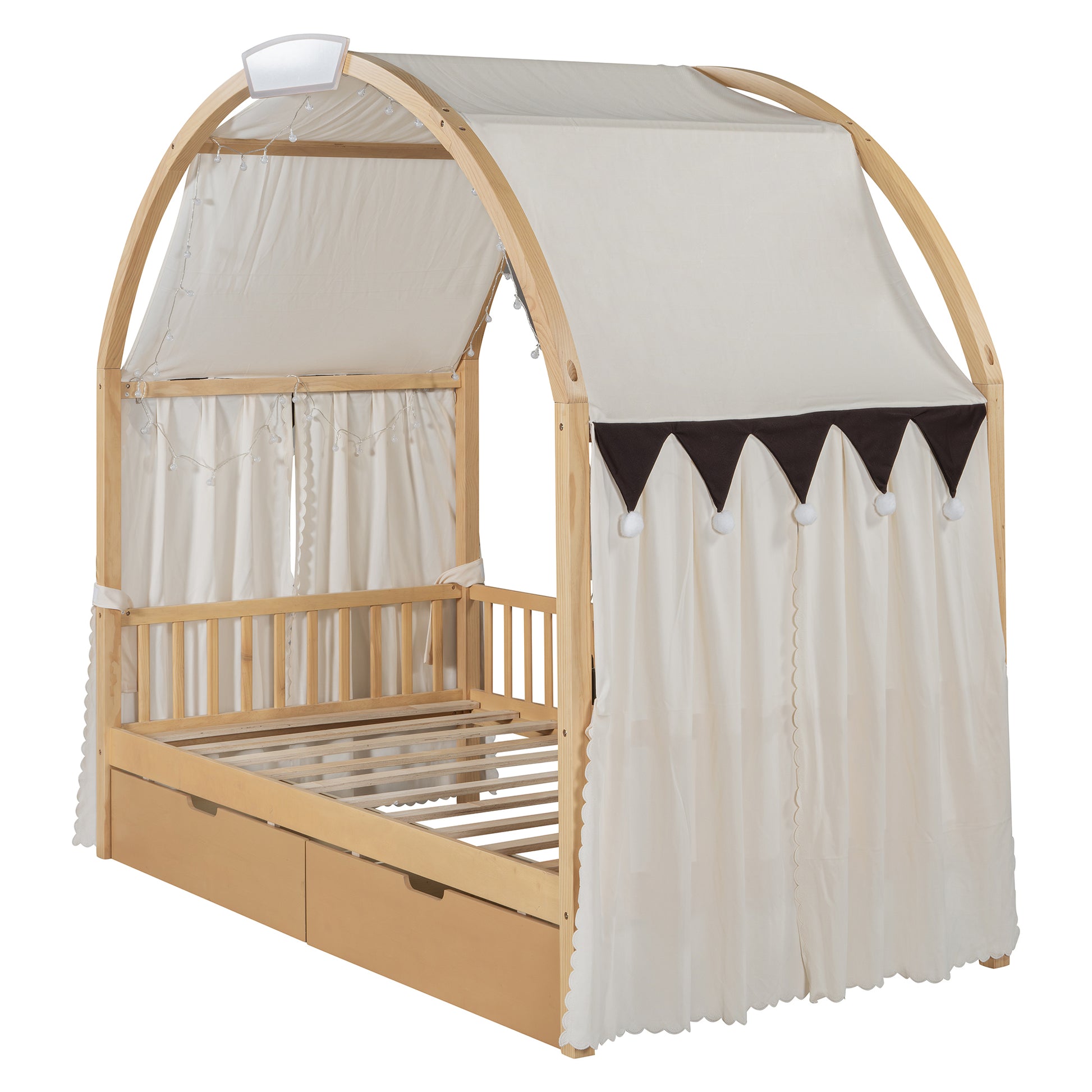 Twin Size Bed With Arched Roof And 2 Drawers, Natural Twin Natural Plywood