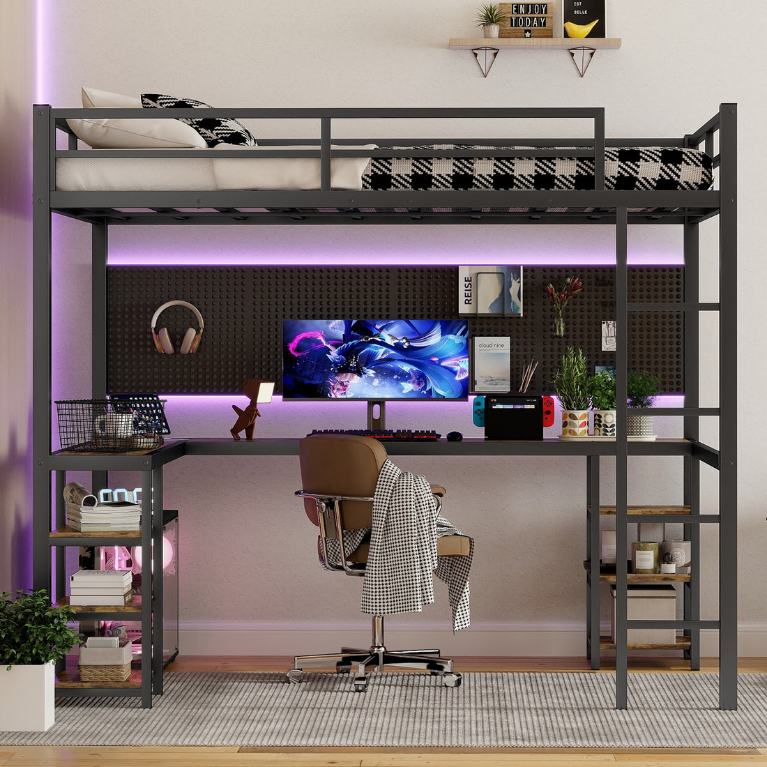 Full Xl Metal Loft Bed With Desk And Shelves, Loft Bed With Ladder And Guardrails, Loft Bed Frame For Bedroom, Black Full Xl Black Metal