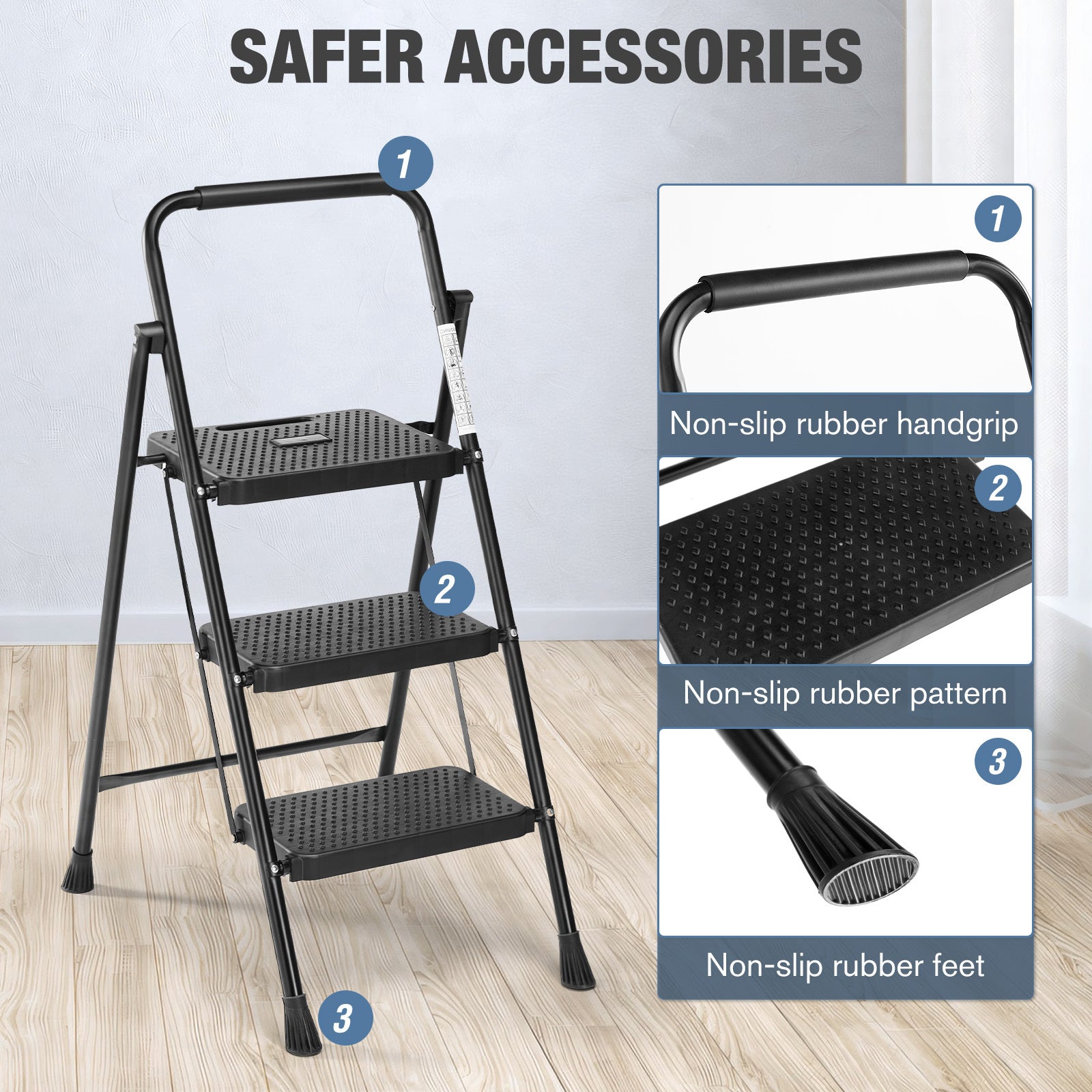 3 Non Slip Step Ladder, Quick Folding Steel Ladder Sturdy Metal Supported Household Tools For Home Office Work At Altitude, Portable Step Tools Black Abs Rubber Steel Q235